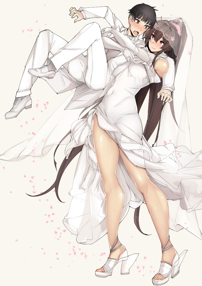1boy, 1girl, admiral_(kantai_collection), alternate_costume, bare_shoulders, black_hair, blush, breasts