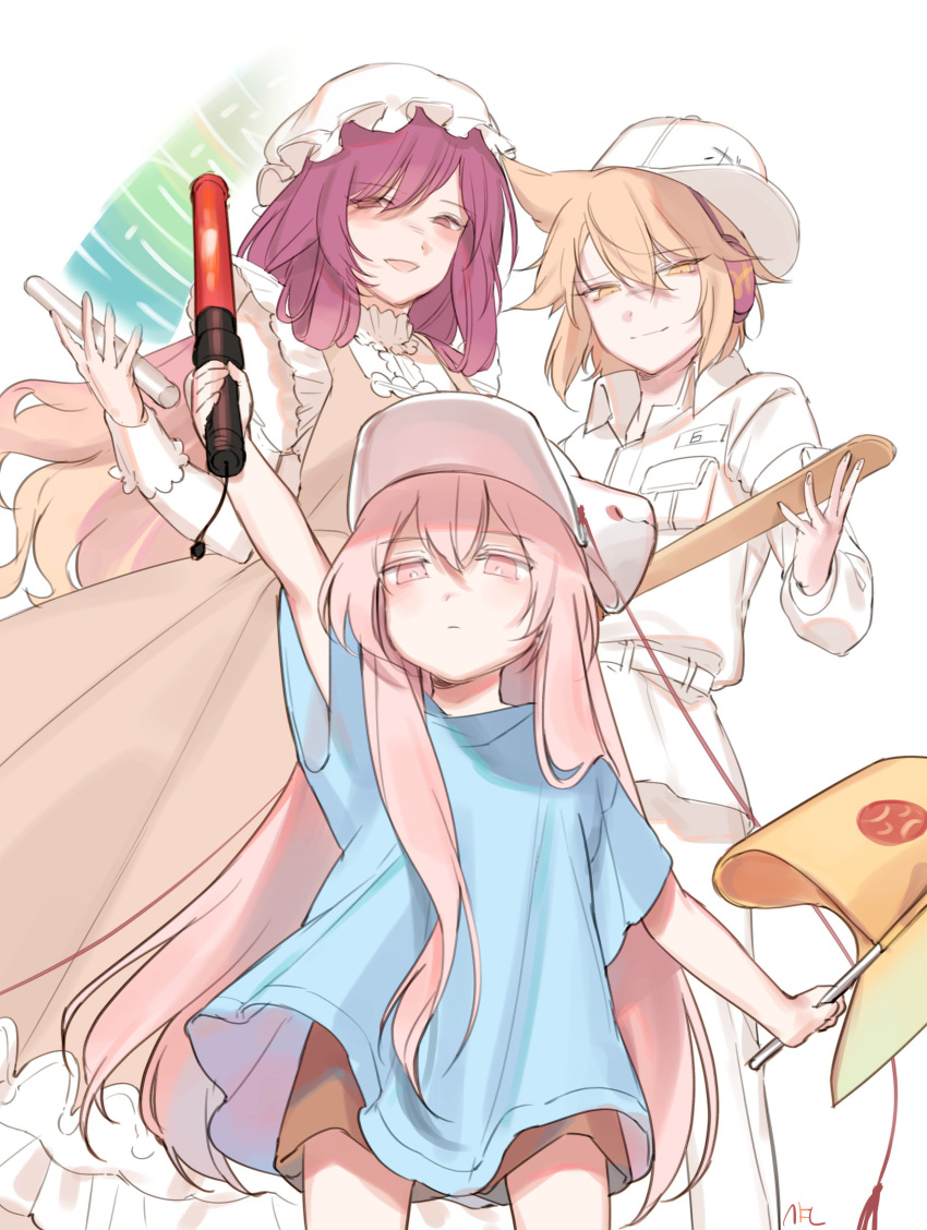 3girls, absurdres, arm_up, bangs, beige_dress, belt, blonde_hair, blue_shirt