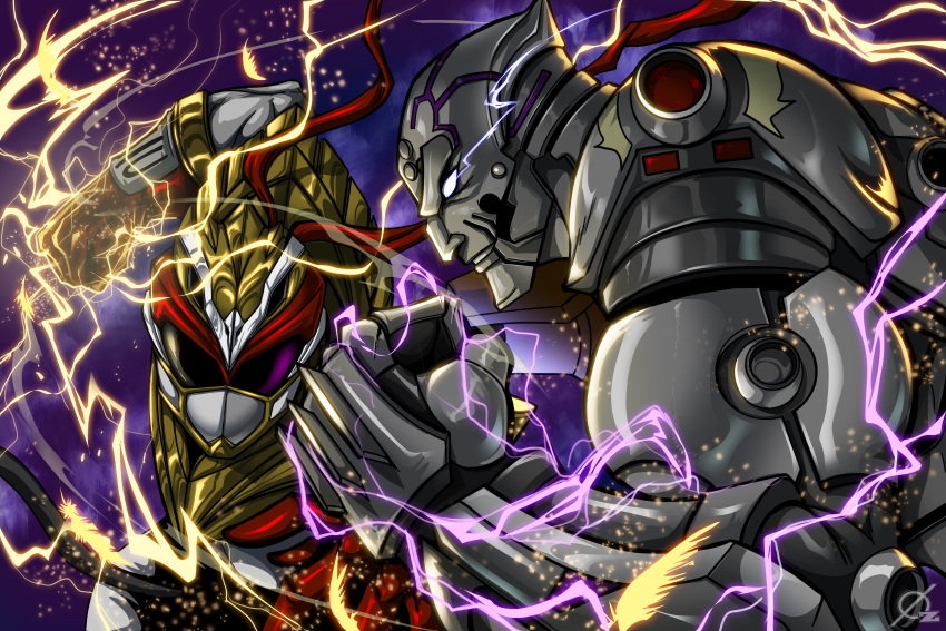 2boys, absurdres, armor, background_lightning, belt, blank_eyes, bodysuit, bracelet