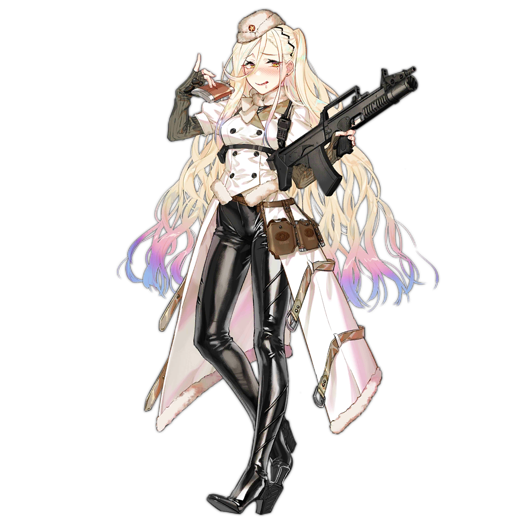 1girl, a-91, a-91_(girls_frontine), artist_request, assault_rifle, belt, blonde_hair, blush, boots, bullpup, drunk, fingerless_gloves, flask, girls_frontline, gloves, grenade_launcher, gun, high_heel_boots, high_heels, leather, leather_boots, leather_pants, long_coat, official_art, pants, radio, rifle, scarf, solo, weapon, yellow_eyes