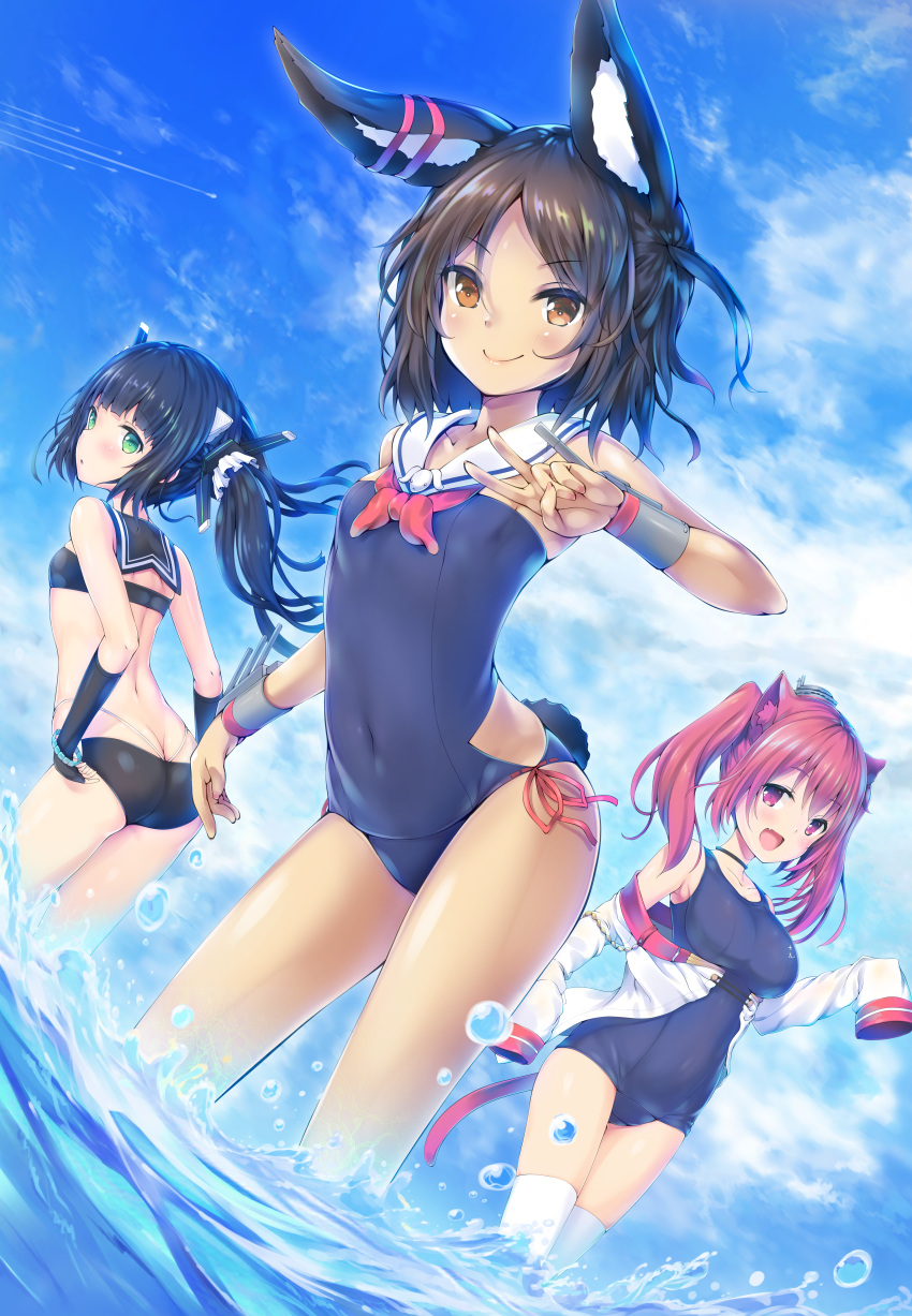 3girls, :d, :o, absurdres, akyorapenyo, animal_ears, ass, azur_lane