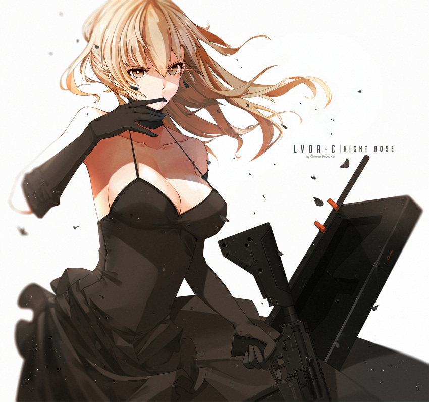 1girl, ar-15, artist_name, bangs, bare_shoulders, biting, black_dress, black_gloves