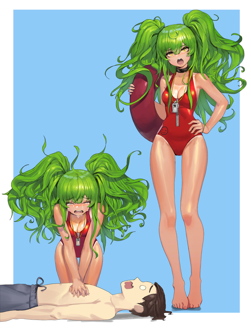 1boy, 1girl, :o, absurdres, bare_legs, barefoot, breasts, casual_one-piece_swimsuit, choker, cleavage, commentary, cpr, crying, english_commentary, eyebrows_visible_through_hair, full_body, girls_frontline, green_hair, hand_on_hip, highres, kneeling, long_hair, long_legs, m950a_(girls_frontline), medium_breasts, one-piece_swimsuit, one-piece_tan, red_swimsuit, romana, simple_background, solo_focus, standing, swimsuit, tan, tanline, twintails, wavy_hair, whistle, whistle_around_neck, yellow_eyes