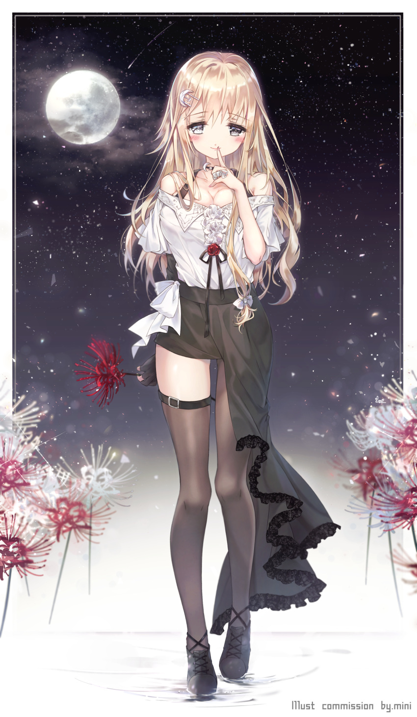 1girl, absurdres, asymmetrical_clothes, asymmetrical_legwear, bangs, bare_shoulders, black_footwear, black_gloves