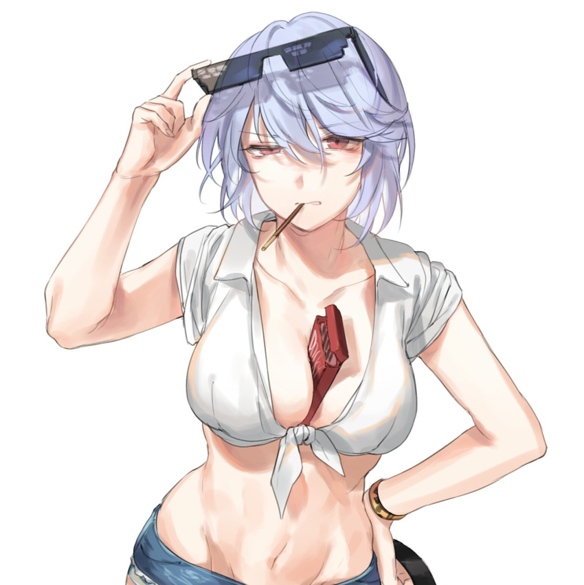 1girl, adjusting_eyewear, between_breasts, blue_hair, box, breasts, cleavage, clenched_teeth