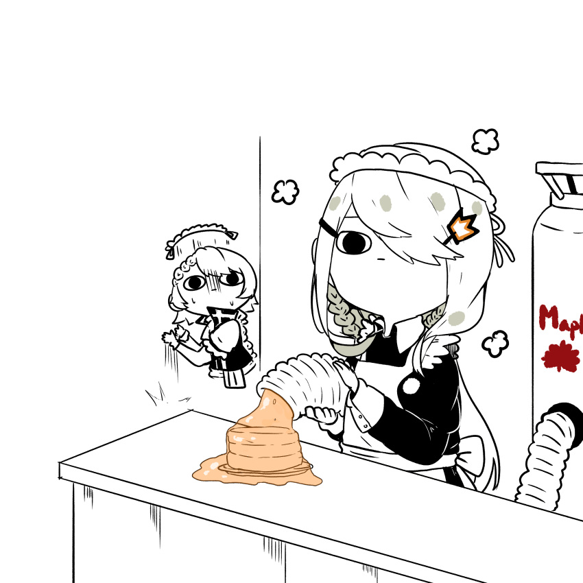 0_0, commentary_request, food, g36_(girls_frontline), girls_frontline, hair_over_one_eye, highres, hose, leaf, maid_headdress, maple_leaf, pouring, surprised, table, tac-50_(girls_frontline), tagme, tank_(container), tsukuba_0623