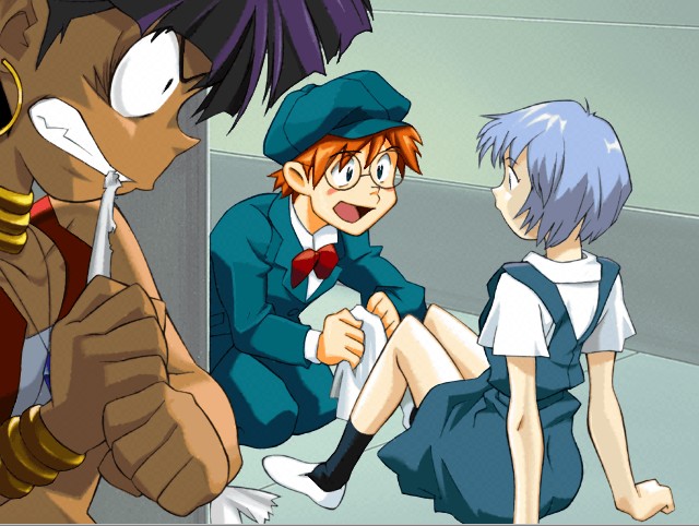ayanami_rei, bandeau, blue_hair, bowtie, bracelet, company_connection, crossover, dark_skin