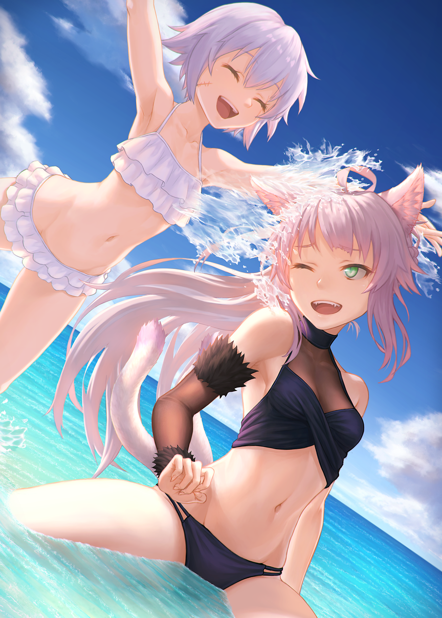 2girls, ahoge, animal_ears, armpits, arms_up, atalanta_(alter)_(fate), atalanta_(fate), bangs