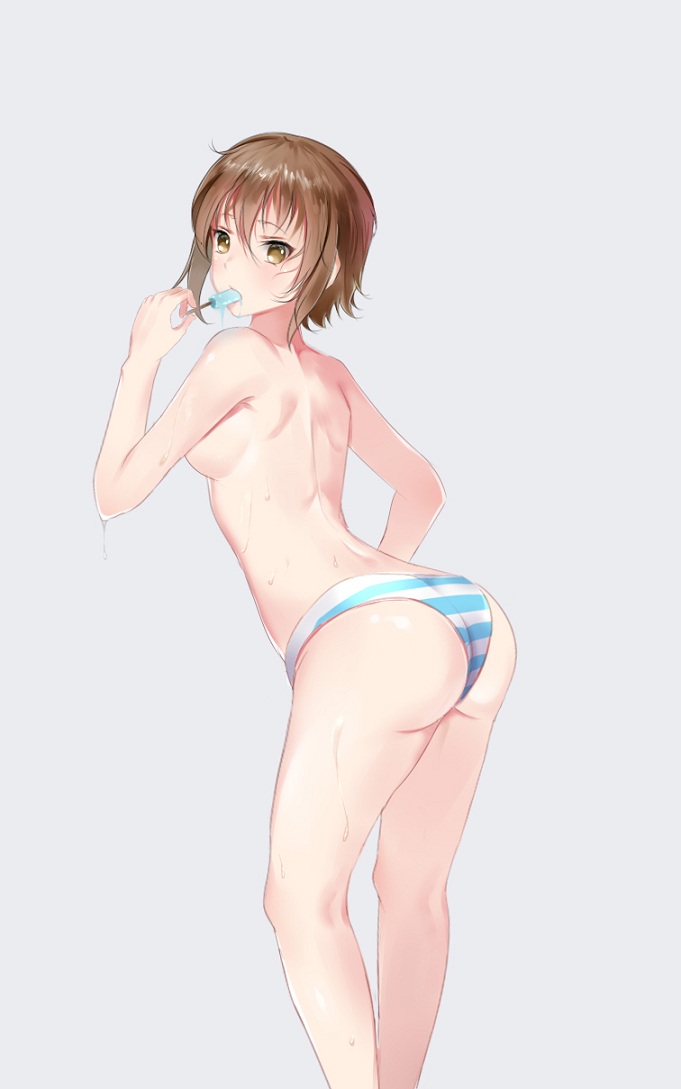 1girl, ass, breasts, brown_eyes, brown_hair, cowboy_shot, food, grand_blue