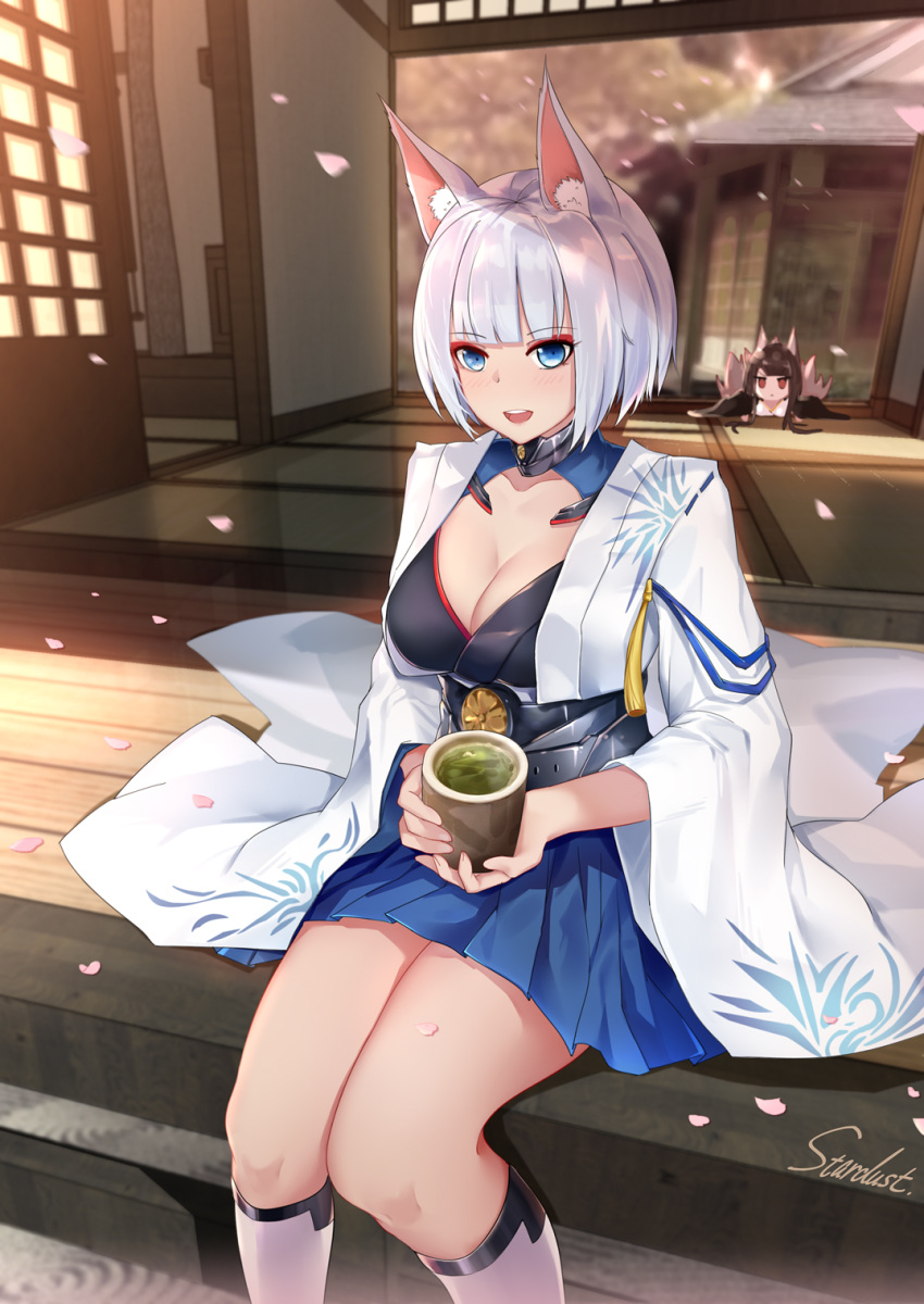 2girls, akagi_(azur_lane), animal_ears, azur_lane, blue_eyes, blue_skirt, breasts, chibi, chibi_inset, cleavage, commentary_request, cup, dust_(394652411), eyeshadow, fox_ears, highres, japanese_clothes, kaga_(azur_lane), large_breasts, makeup, multiple_girls, petals, pleated_skirt, short_hair, silver_hair, sitting, skirt