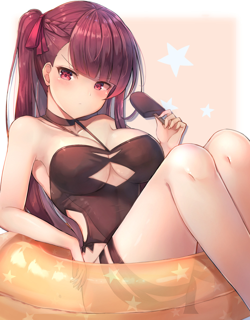 1girl, bangs, bare_arms, bare_shoulders, black_choker, black_swimsuit, blush, braid, breasts, casual_one-piece_swimsuit, choker, cleavage, closed_mouth, collarbone, commentary, eyebrows_visible_through_hair, fingernails, food, girls_frontline, hair_ribbon, hand_up, head_tilt, highres, holding, holding_food, ice_cream, innertube, large_breasts, long_hair, looking_at_viewer, motokonut, one-piece_swimsuit, one_side_up, orange_innertube, red_eyes, red_ribbon, redhead, ribbon, solo, star, swimsuit, transparent, v-shaped_eyebrows, very_long_hair, wa2000_(girls_frontline)