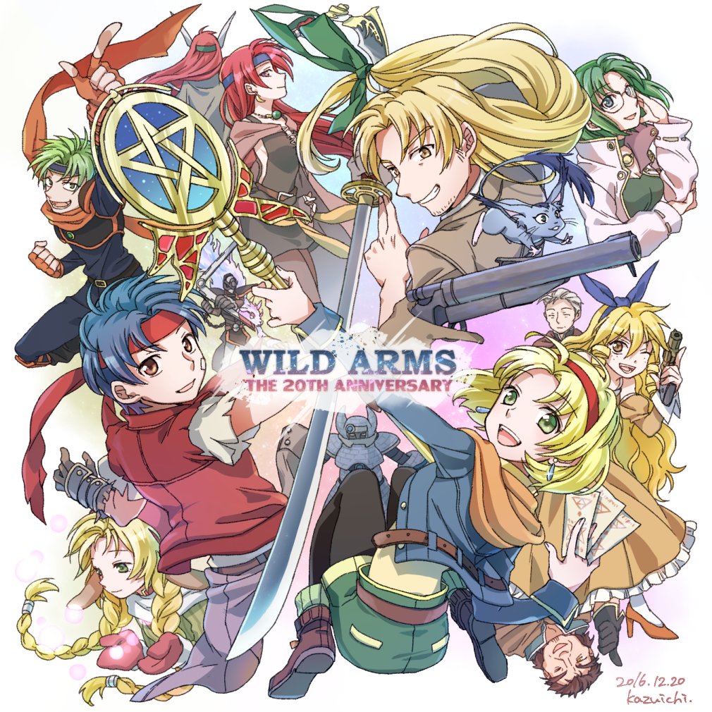 5boys, animal_ears, armor, asgard_(wild_arms), ass, belt, blonde_hair, blue_hair, boomerang_flash, braid, breasts, brown_eyes, brown_gloves, brown_hair, butler, calamity_jane, cecilia_lynne_adelhyde, cleavage, coat, commentary_request, creature, dress, drill_hair, earrings, elmina_niet, emma_hetfield, everyone, formal, glasses, gloves, green_eyes, green_hair, gun, hair_ribbon, hairband, hanpan, jack_van_burace, jewelry, lady_harken, long_hair, looking_at_viewer, luceid_(wild_arms), magdalen_harts, mariel_(wild_arms), multiple_boys, multiple_girls, necklace, pantyhose, red_armor, red_hairband, red_vest, ribbon, rody_roughnight, short_hair, sideboob, sword, twin_braids, vest, wand, weapon, wild_arms, wild_arms_1, zed