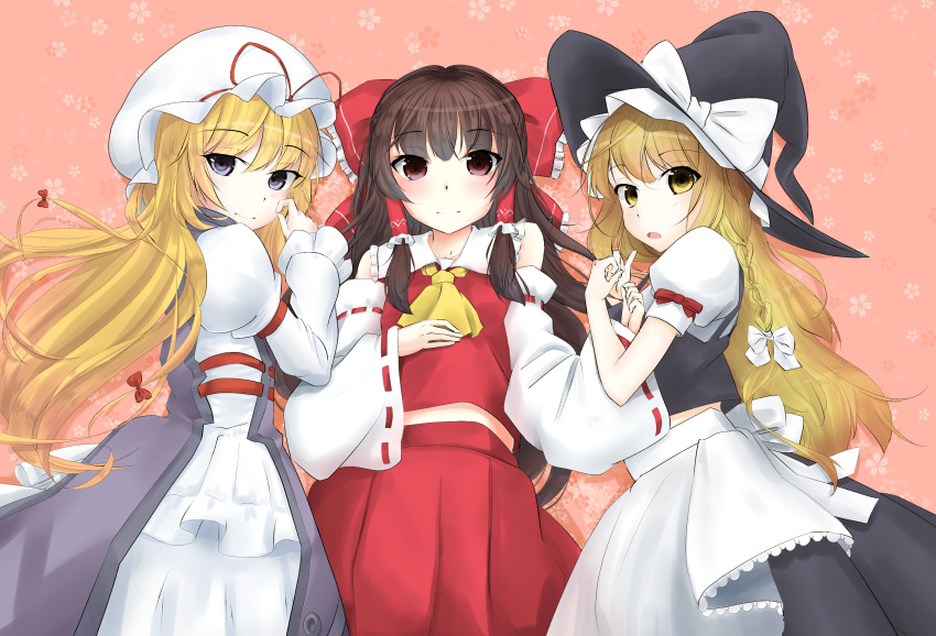 3girls, apron, ascot, bangs, bare_shoulders, blonde_hair, blush, bow