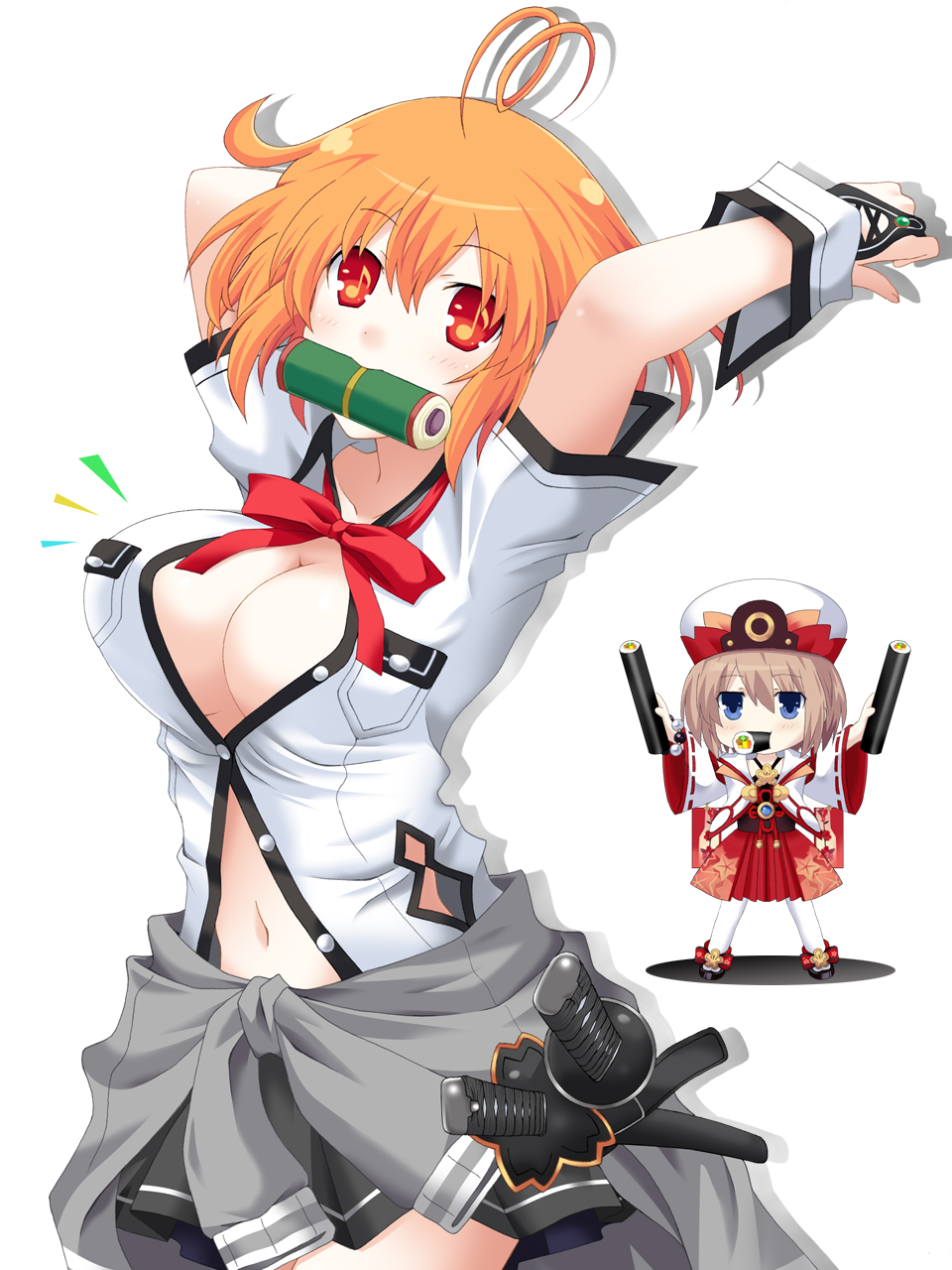 2girls, ahoge, blanc, blue_hair, breasts, brown_hair, cleavage, eighth_note, eyebrows_visible_through_hair, food, hair_between_eyes, hat, highres, japanese_clothes, kagura_ittou, kami_jigen_game_neptune_v, large_breasts, marvelousaql_(choujigen_game_neptune), mouth_hold, multiple_girls, musical_note, musical_note-shaped_pupils, navel, neptune_(series), orange_hair, red_eyes, red_ribbon, ribbon, sheath, sheathed, shirt, short_hair, short_sleeves, symbol-shaped_pupils
