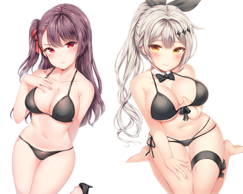 2girls, absurdres, arm_behind_back, bangs, barefoot, bikini, black_bikini, black_footwear