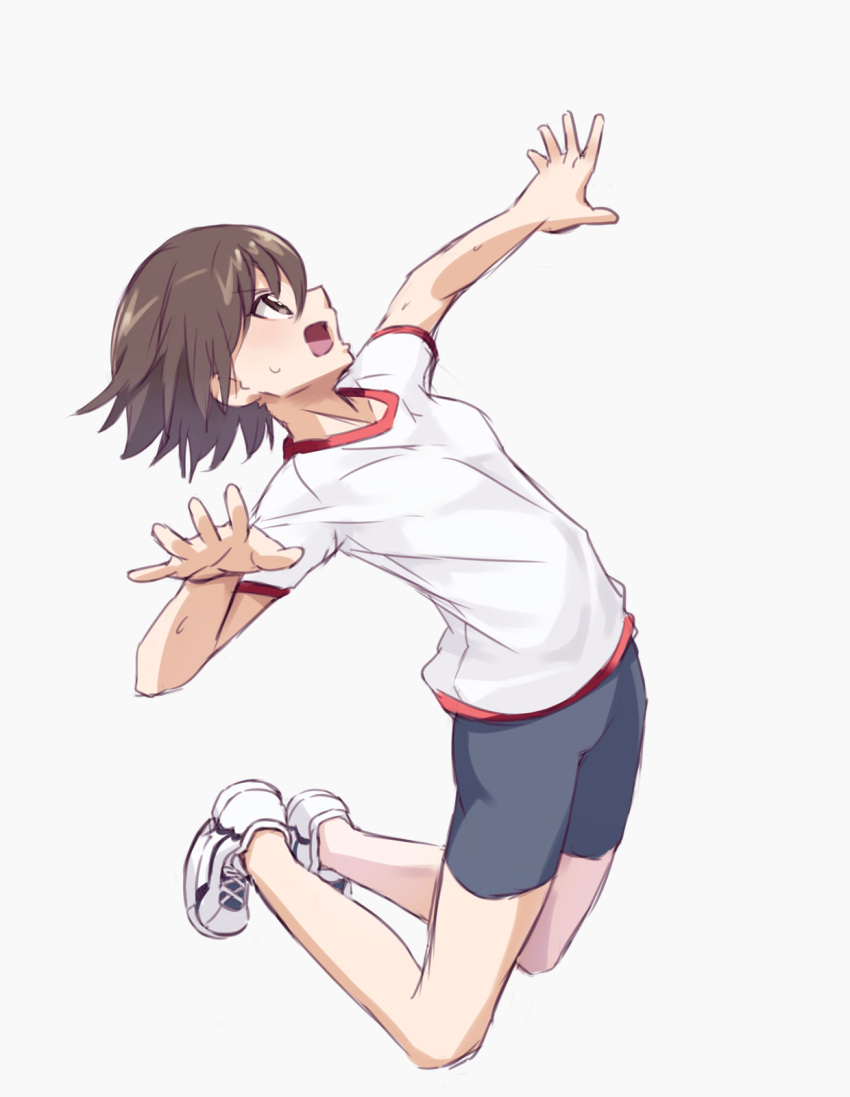 1girl, bangs, bike_shorts, black_shorts, brown_eyes, brown_hair, chikuwa_(majihima), commentary_request