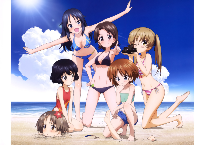 6+girls, absurdres, barefoot, beach, bikini, black_bikini, black_ribbon, blue_eyes