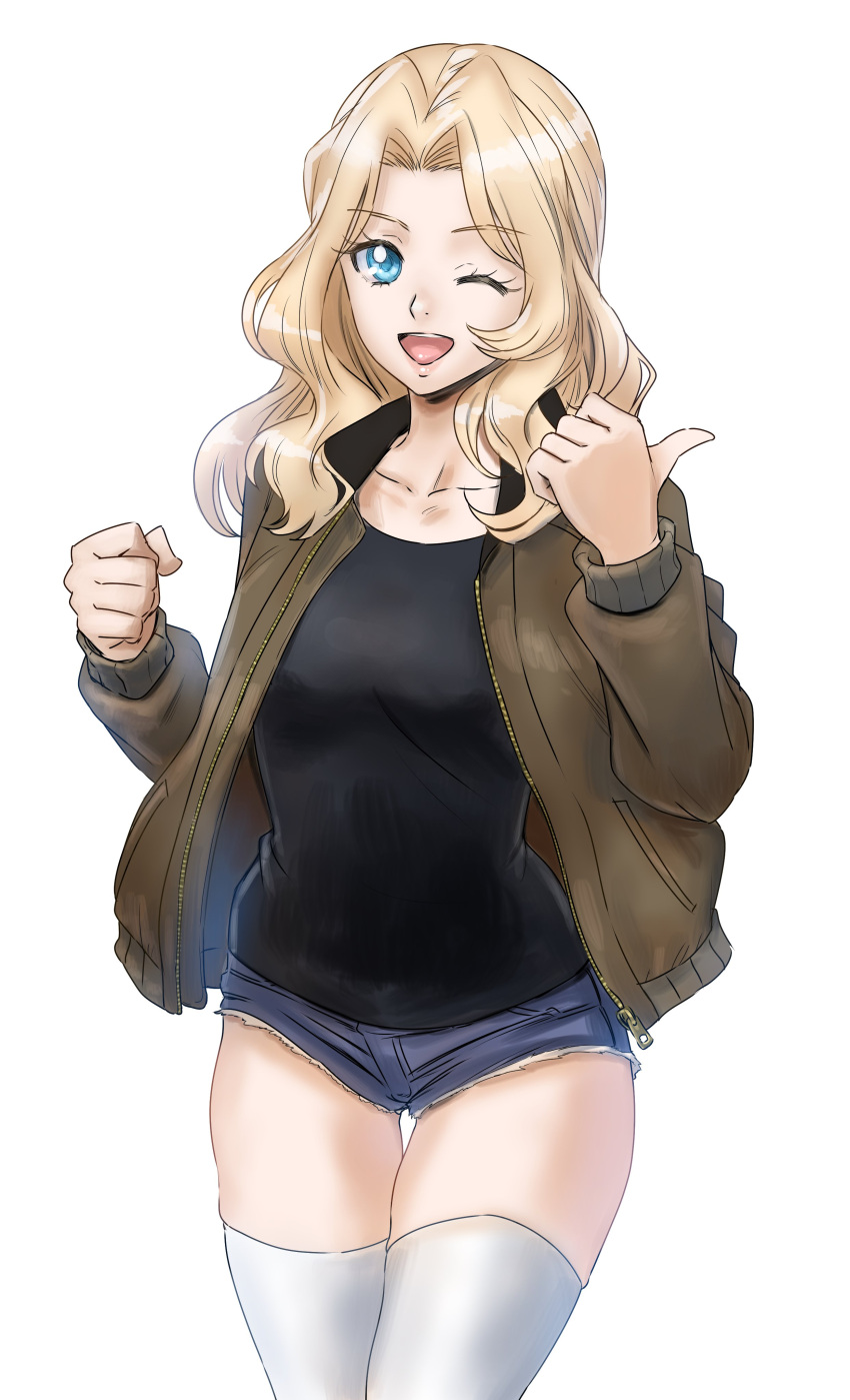 1girl, ;d, absurdres, black_shirt, blonde_hair, blue_eyes, blue_shorts, brown_jacket