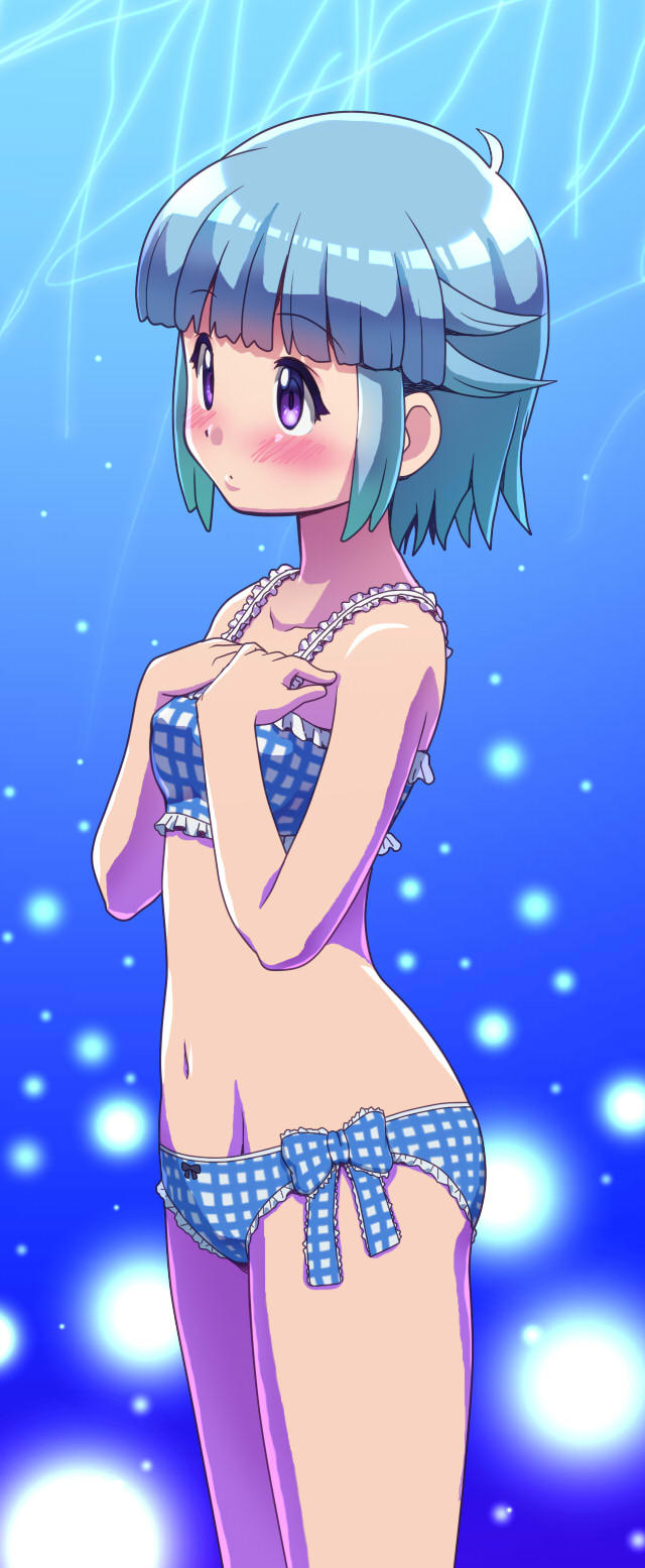 1girl, awa, bangs, bikini, blue_background, blue_hair, blush, bow