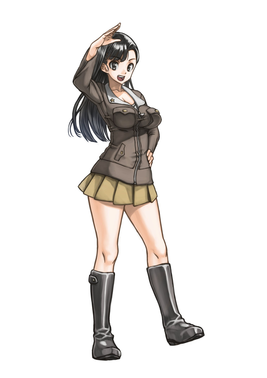 1girl, asymmetrical_bangs, bangs, black_footwear, black_hair, boots, breasts, brown_eyes