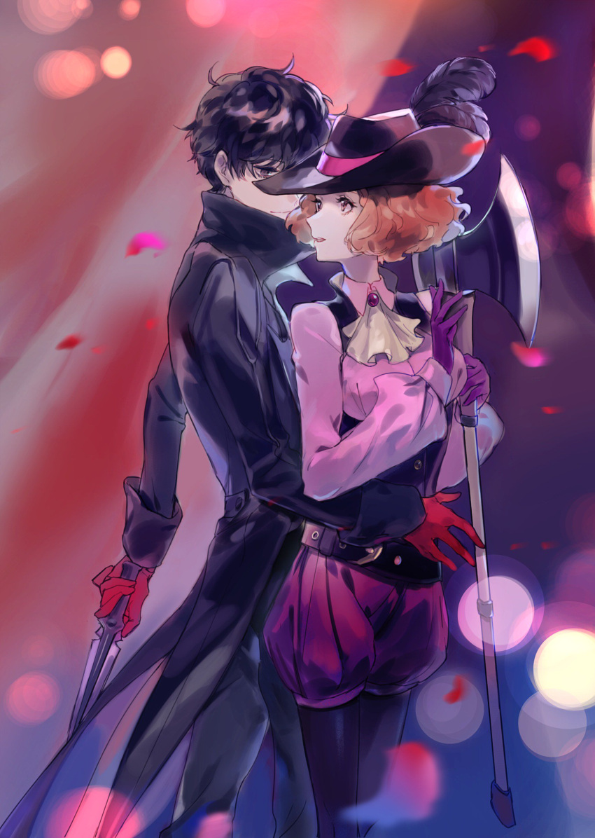 0zep0, 1boy, 1girl, amamiya_ren, axe, black_hair, brown_hair, cravat