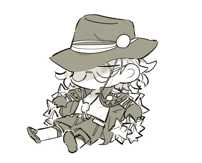1boy, chibi, edmond_dantes_(fate/grand_order), fate/grand_order, fate_(series), glasses, greyscale, jacket_on_shoulders