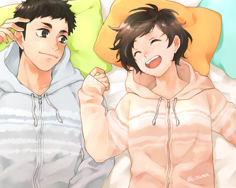 1boy, 1girl, :d, aotama, black_hair, brown_hair, closed_eyes, haikyuu!!