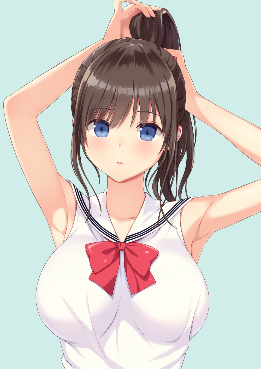 1girl, armpits, arms_up, bangs, bare_arms, bare_shoulders, blue_eyes, blush