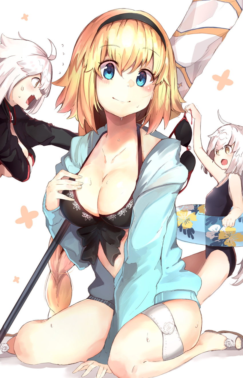 3girls, :d, absurdres, anger_vein, bangs, bikini, bikini_top, bikini_top_removed, black_bikini, black_hairband, black_jacket, black_swimsuit, blonde_hair, blue_eyes, blue_jacket, blush, breast_hold, breasts, brown_eyes, cleavage, closed_mouth, clothes_theft, collarbone, commentary_request, eyebrows_visible_through_hair, fate/grand_order, fate_(series), flying_sweatdrops, hair_between_eyes, hairband, highres, hood, hood_down, hooded_jacket, innertube, jacket, jeanne_d'arc_(alter_swimsuit_berserker), jeanne_d'arc_(fate)_(all), jeanne_d'arc_(swimsuit_archer), jeanne_d'arc_alter_santa_lily, long_hair, medium_breasts, multiple_girls, new_school_swimsuit, one-piece_swimsuit, open_clothes, open_jacket, open_mouth, profile, ranf, school_swimsuit, silver_hair, sitting, smile, swimsuit, swimsuit_theft, theft, transparent, very_long_hair, wariza, wet, white_background