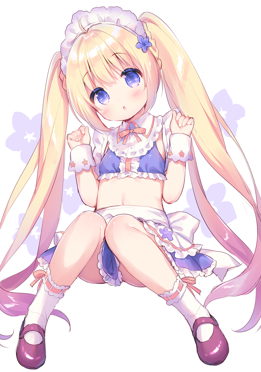 1girl, :o, ahoge, apron, bangs, blonde_hair, blush, braid, breasts, commentary_request, crop_top, eyebrows_visible_through_hair, flower, flower_knight_girl, frilled_apron, frilled_skirt, frills, hair_between_eyes, hair_flower, hair_ornament, hands_up, head_tilt, heliotrope_(flower_knight_girl), highres, knees_together_feet_apart, long_hair, looking_at_viewer, maid_headdress, mary_janes, navel, object_namesake, parted_lips, pleated_skirt, purple_flower, purple_shirt, purple_skirt, red_footwear, ribbon-trimmed_legwear, ribbon_trim, shirt, shoes, sidelocks, sitting, skirt, sleeveless, sleeveless_shirt, small_breasts, socks, solo, twintails, usashiro_mani, very_long_hair, violet_eyes, waist_apron, white_apron, white_legwear
