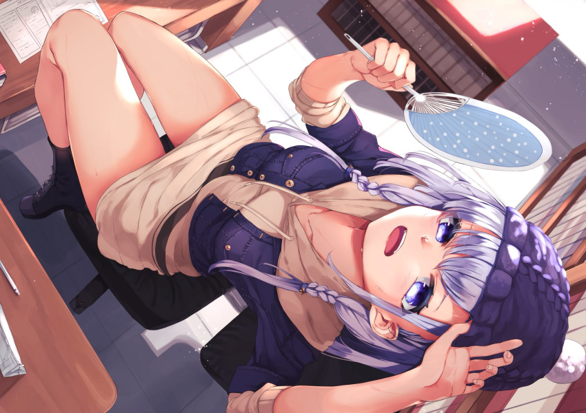 1girl, bare_legs, beanie, book, bookshelf, boots, braid, chair