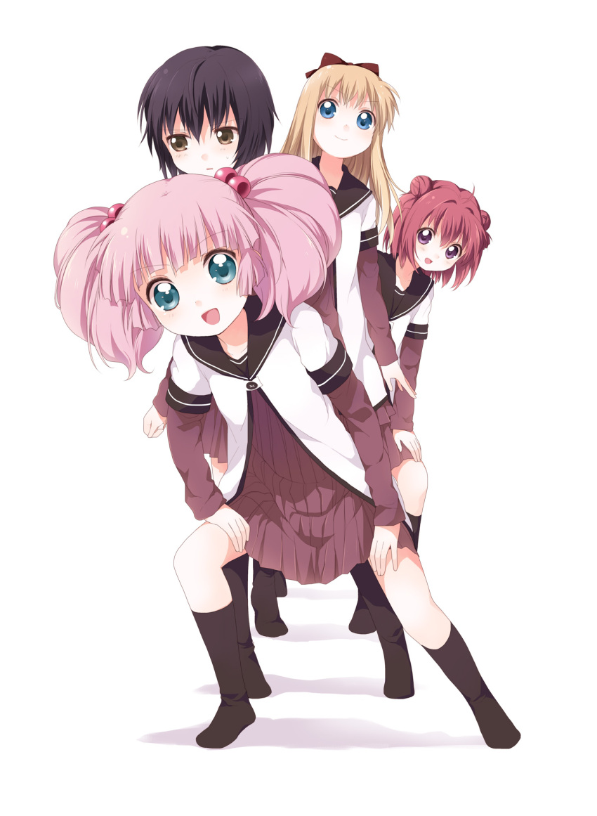 4girls, akaza_akari, black_hair, blonde_hair, bow, choo_choo_train, double_bun, funami_yui