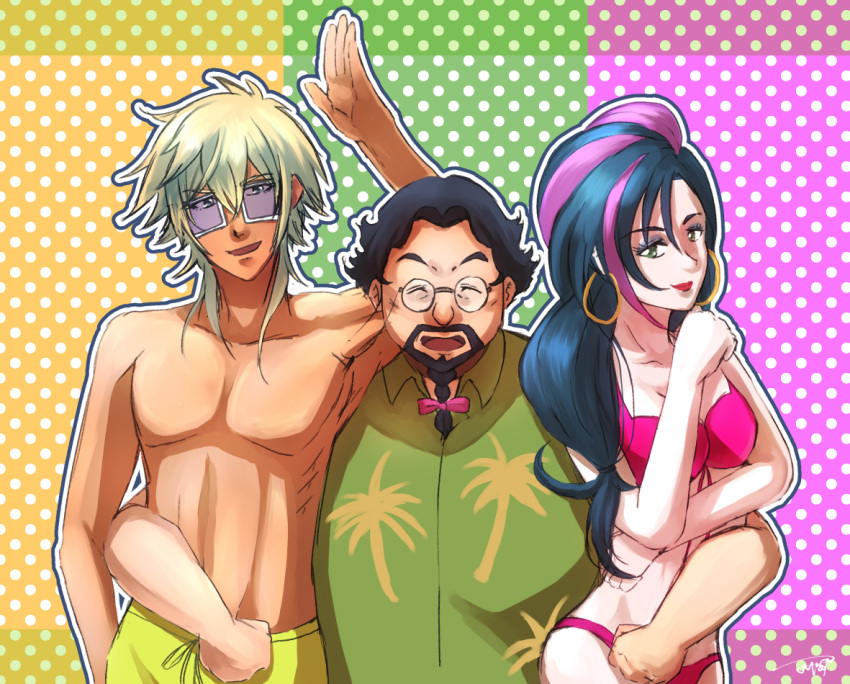 1girl, 2boys, :d, abs, arm_around_waist, bikini, black_hair, blonde_hair