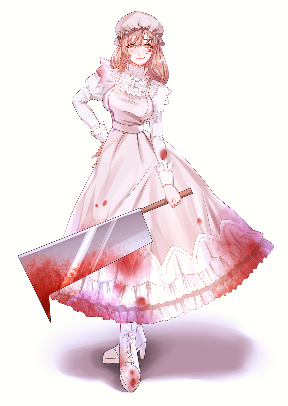 1girl, ama_(997841291), apron, blood, blood_on_face, bloody_clothes, bloody_weapon, boots
