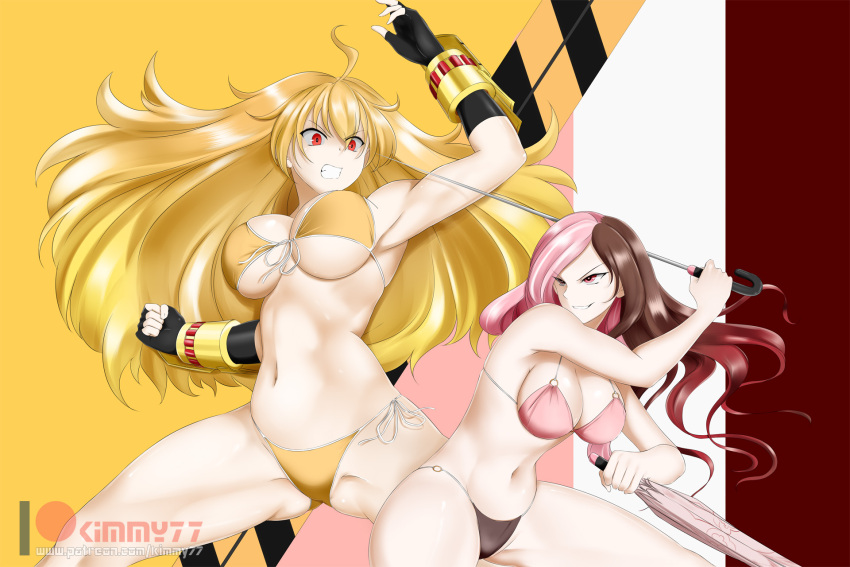>:d, 2girls, ahoge, alfred_cullado, armpits, bikini, black_bikini_bottom, black_gloves