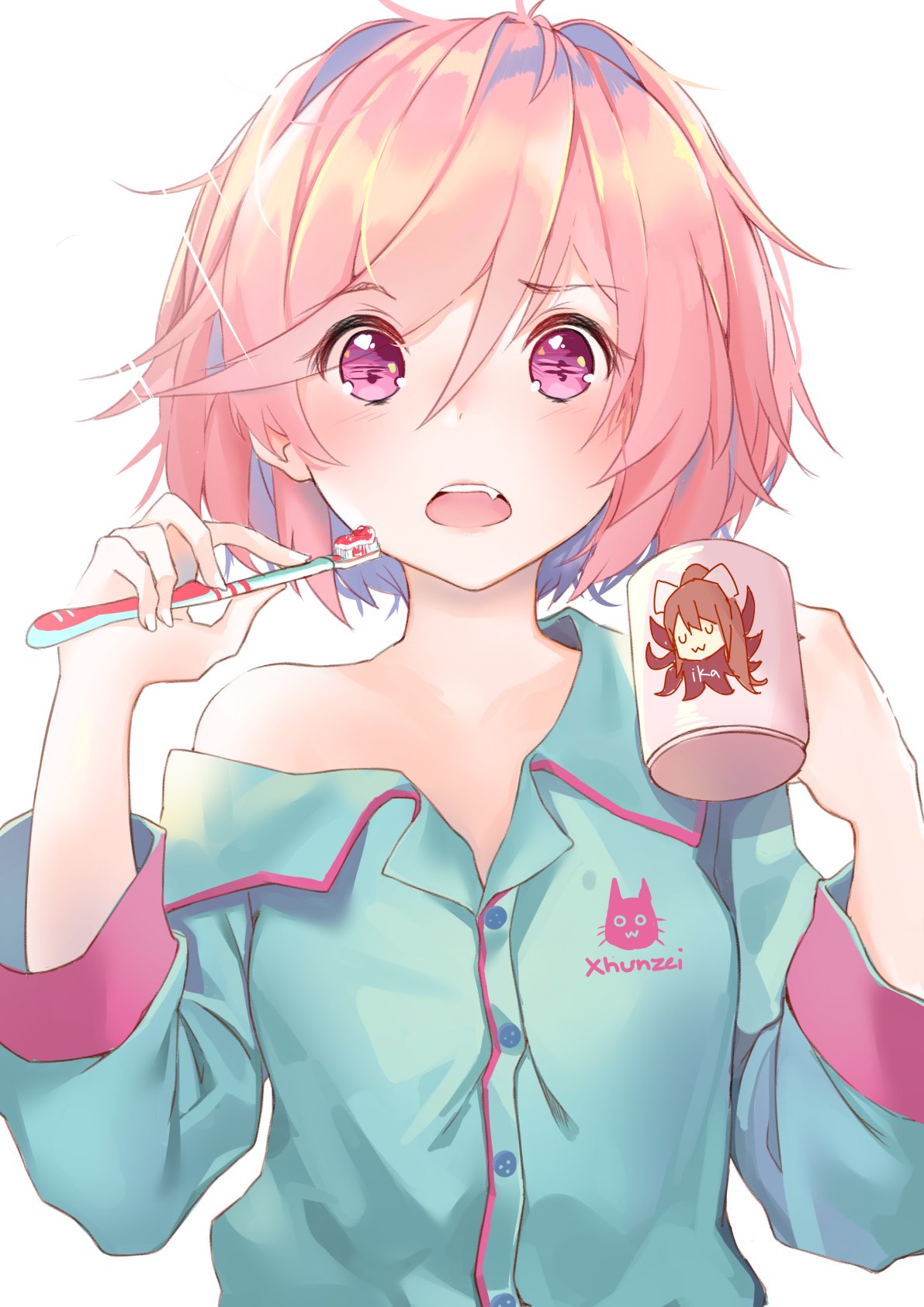 1girl, :o, artist_name, blue_pajamas, cameo, commentary, cup, doki_doki_literature_club