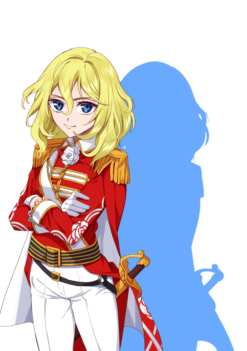 1girl, bangs, belt, blonde_hair, blue_eyes, cape, closed_mouth, coattails