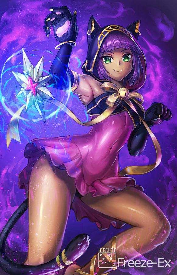 1girl, alternate_costume, animal_hood, armpits, bangle, bangs, bell, black_gloves, blunt_bangs, bracelet, breasts, cat_hood, cat_tail, commentary, covered_navel, dark_skin, dress, earrings, elbow_gloves, english_commentary, evolution_championship_series, freeze-ex, gloves, green_eyes, hood, jewelry, jingle_bell, menat, paw_gloves, paw_pose, paws, pink_dress, purple_hair, short_dress, short_hair, skin_tight, small_breasts, smile, solo, street_fighter, street_fighter_v, tail, thighs