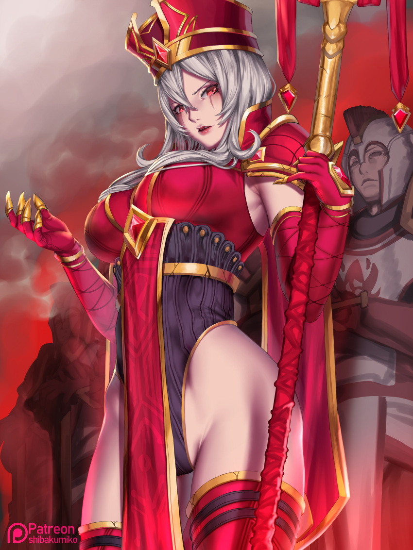 1girl, absurdres, breasts, commentary_request, crown, elbow_gloves, fingernails, forehead_jewel