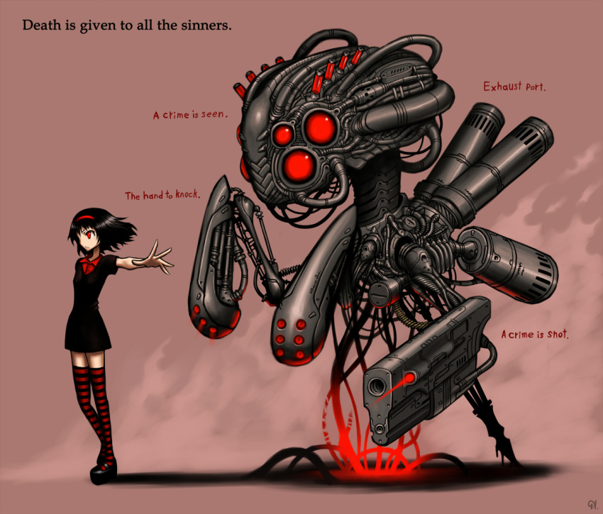 black_hair, dress, engrish, gia, gun, hairband, laser, outstretched_arm, outstretched_hand, ranguage, reach, reaching, red_eyes, robot, short_hair, striped, striped_legwear, striped_thighhighs, thigh-highs, thighhighs, weapon, zettai_ryouiki