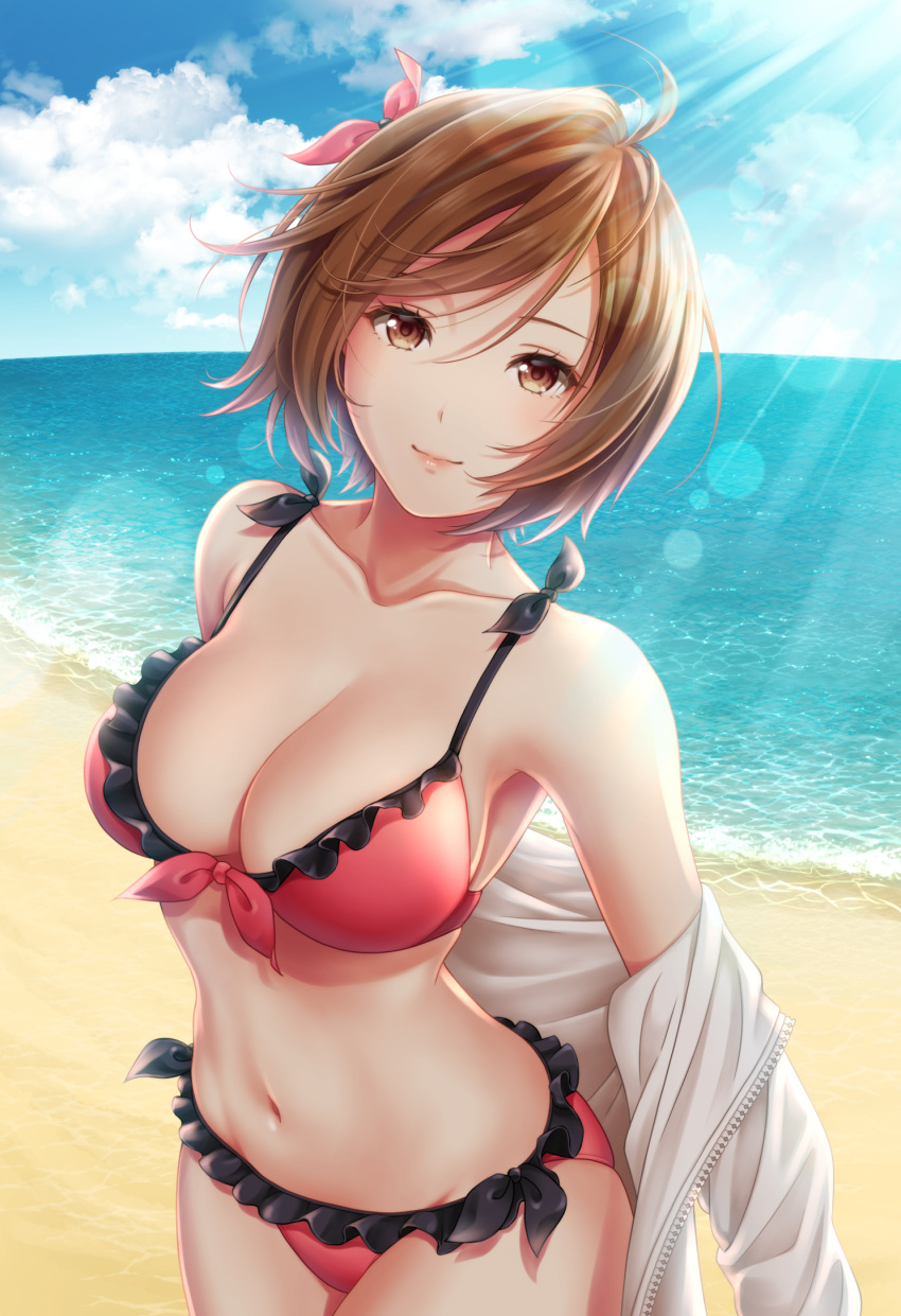 1girl, asami_(undoundo), bare_shoulders, beach, bikini, blue_sky, breasts, brown_eyes