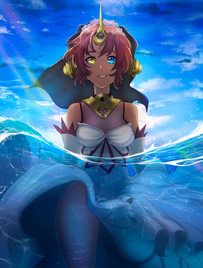 1girl, absurdres, bare_shoulders, blue_eyes, blue_sky, clouds, commentary, day, dress, elbow_gloves, english_commentary, fate/grand_order, fate_(series), frankenstein's_monster_(fate), gloves, headgear, heterochromia, highres, horn, kirani, outdoors, parted_lips, partially_underwater_shot, pink_hair, short_hair, sky, smile, solo, veil, water, white_dress, white_gloves, yellow_eyes