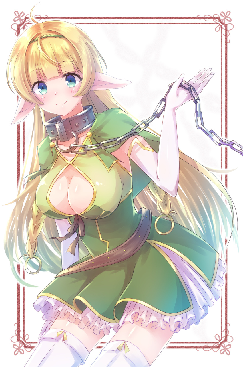 1girl, absurdres, blonde_hair, blue_eyes, blush, boots, breasts, chains