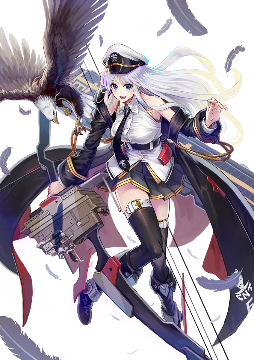 1girl, azur_lane, bald_eagle, bird, black_belt, black_coat, black_neckwear, bow_(weapon)