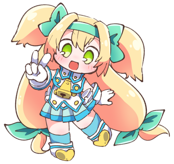 1girl, :d, aqua_hairband, aqua_ribbon, bell, blazblue, blonde_hair, blue_legwear
