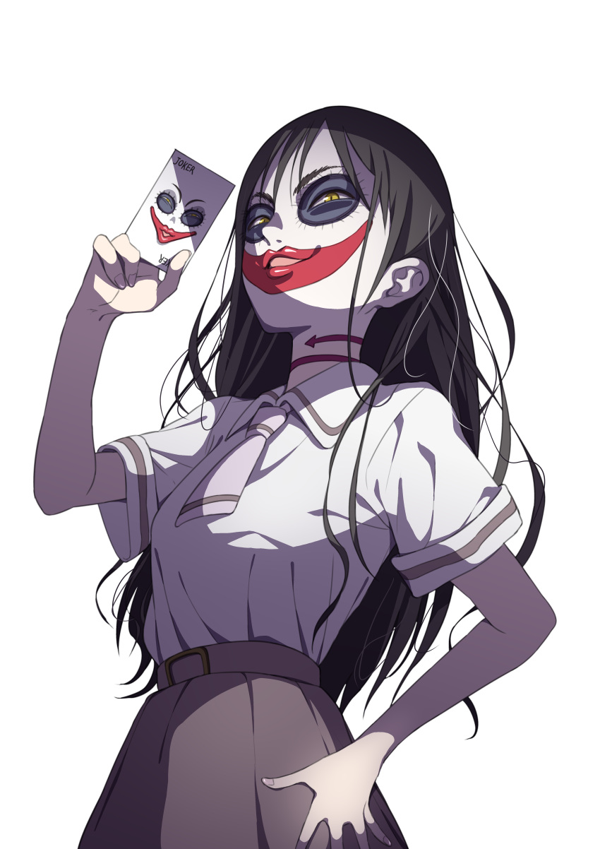 1girl, absurdres, asobi_asobase, black_hair, brown_eyes, brown_skirt, card, collared_shirt