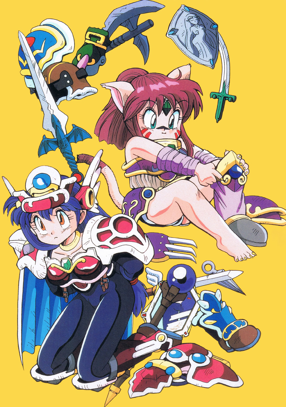 animal_ears, aqua_eyes, armored_boots, arms_behind_back, axe, barefoot, blue_hair, boots
