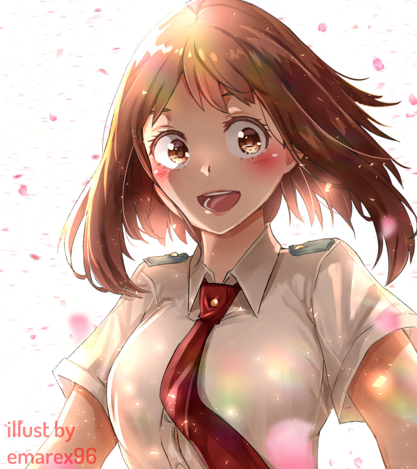1girl, :d, artist_name, blush, boku_no_hero_academia, brown_eyes, brown_hair, dress_shirt