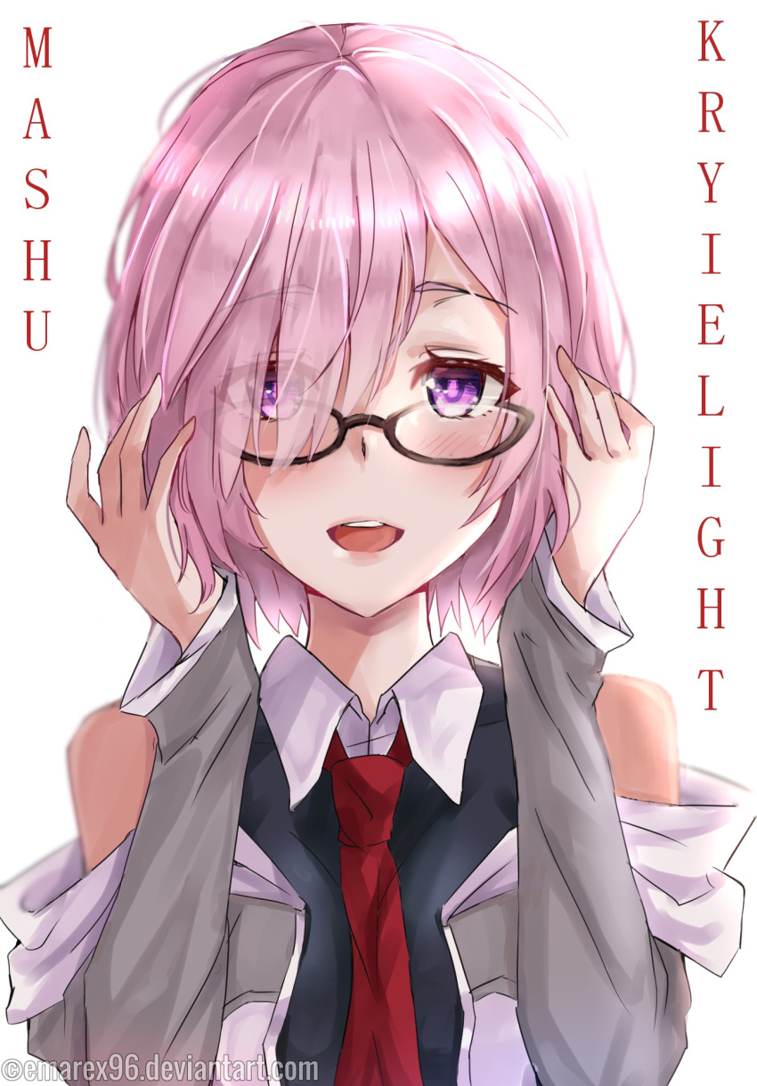 1girl, black-framed_eyewear, black_shirt, copyright_name, emarex96, eyebrows_visible_through_hair, eyes_visible_through_hair, fate/grand_order