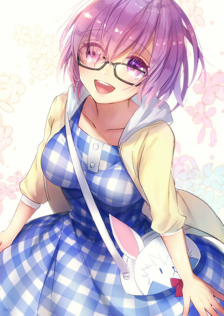 1girl, :d, bag, black-framed_eyewear, bobo_(uccello), breasts, collarbone, dress